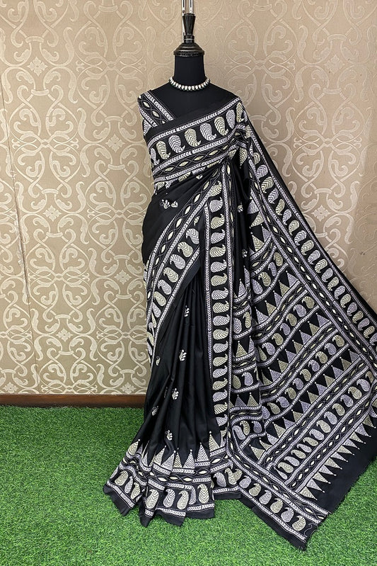 Black Pure Silk Bengal Kantha Stitch Saree With Blouse.