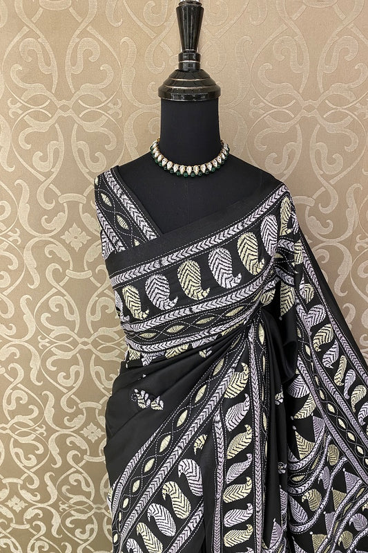 Black Pure Silk Bengal Kantha Stitch Saree With Blouse.