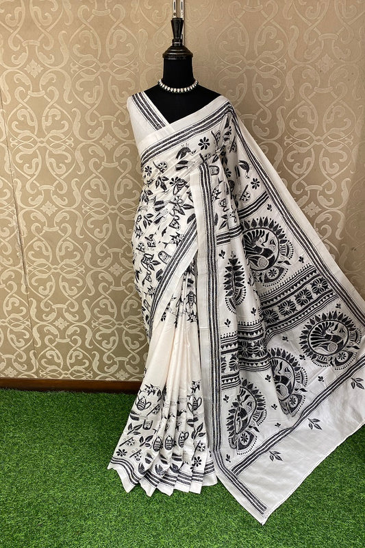 White & Black Pure Silk Bengal Kantha Stitch Saree With Blouse.