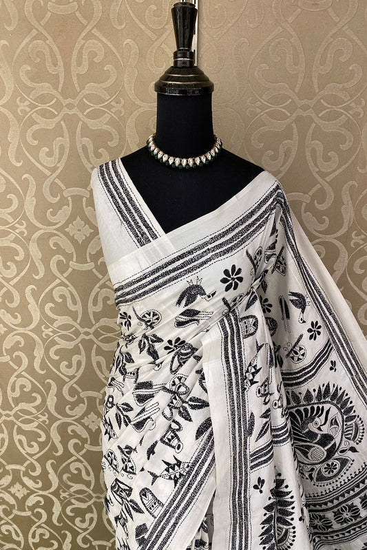 White & Black Pure Silk Bengal Kantha Stitch Saree With Blouse.