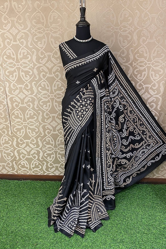 Black Pure Silk Bengal Kantha Stitch Saree With Blouse.