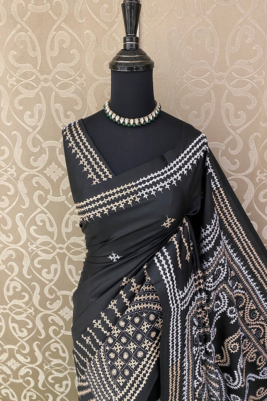 Black Pure Silk Bengal Kantha Stitch Saree With Blouse.