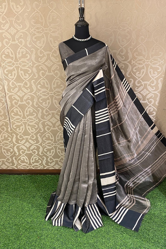 Grey Black Tissue Banarasi  Silk Saree With Blouse Piece