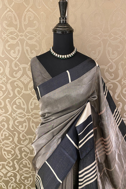 Grey Black Tissue Banarasi  Silk Saree With Blouse Piece