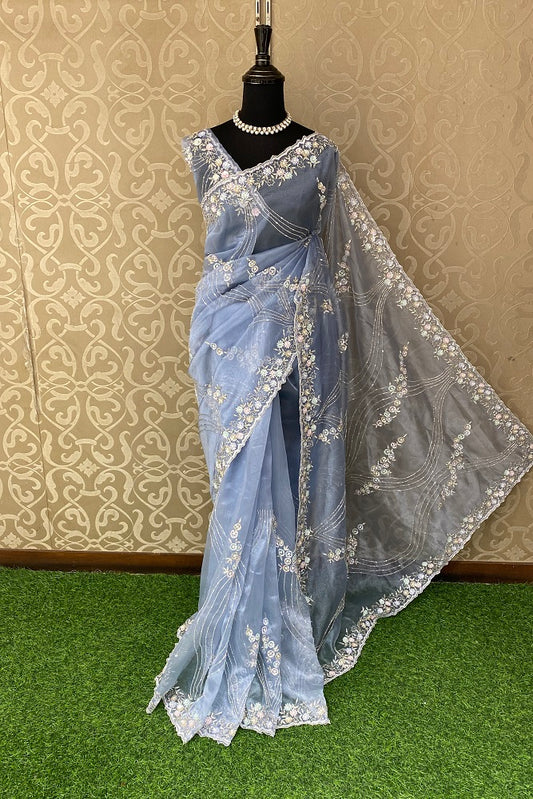 Powder Blue Organza Silk Embroidery Party Wear Saree With Blouse Piece