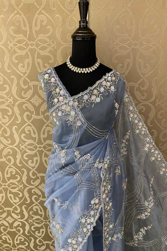 Powder Blue Organza Silk Embroidery Party Wear Saree With Blouse Piece
