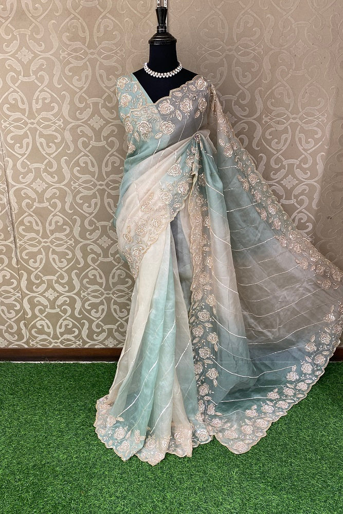 Offwhite Green Organza Silk Embroidery Party Wear Saree With Blouse Piece