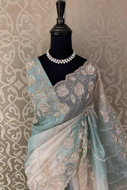Offwhite Green Organza Silk Embroidery Party Wear Saree With Blouse Piece