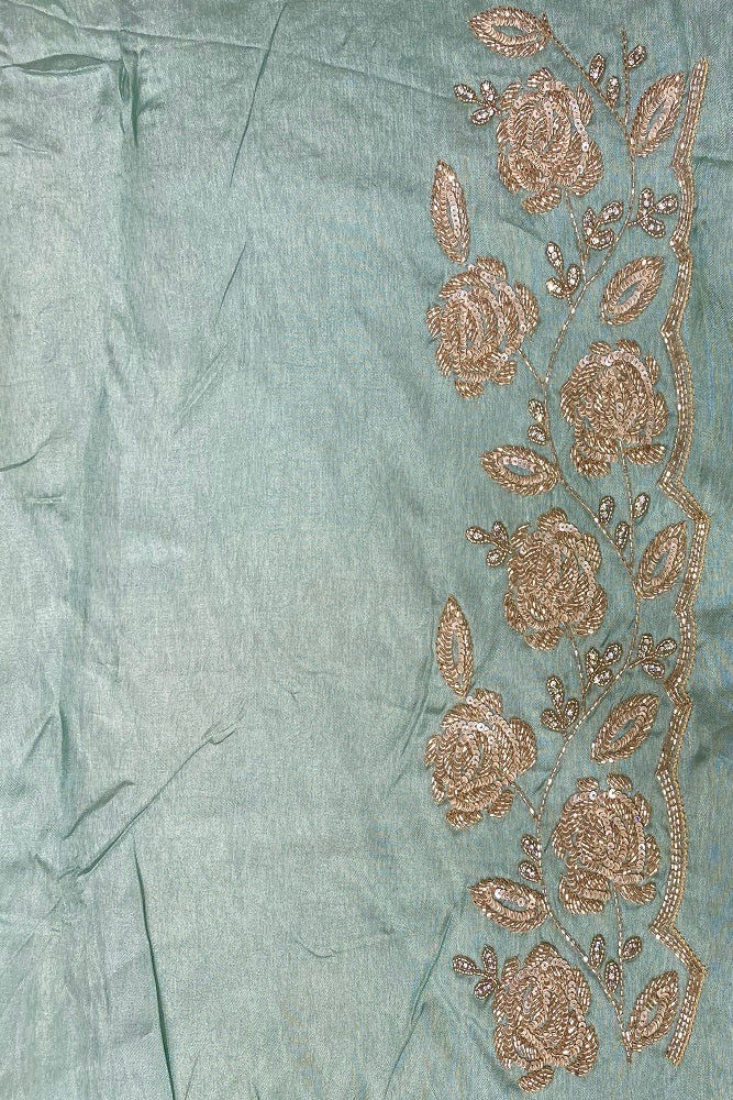 Offwhite Green Organza Silk Embroidery Party Wear Saree With Blouse Piece