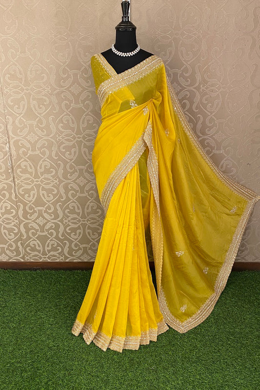 Yellow Organza Silk Embroidery Party Wear Saree With Blouse Piece