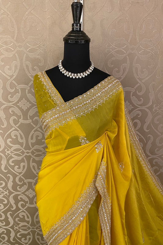 Yellow Organza Silk Embroidery Party Wear Saree With Blouse Piece