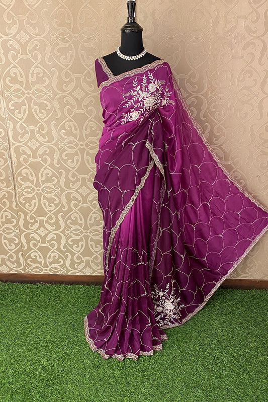Purple Organza Silk Embroidery Party Wear Saree With Blouse Piece