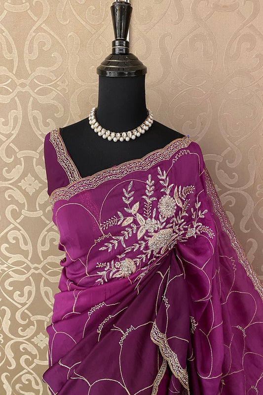 Purple Organza Silk Embroidery Party Wear Saree With Blouse Piece