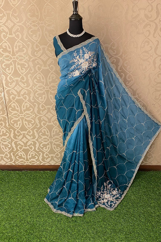 Teal Blue Organza Silk Embroidery Party Wear Saree With Blouse Piece