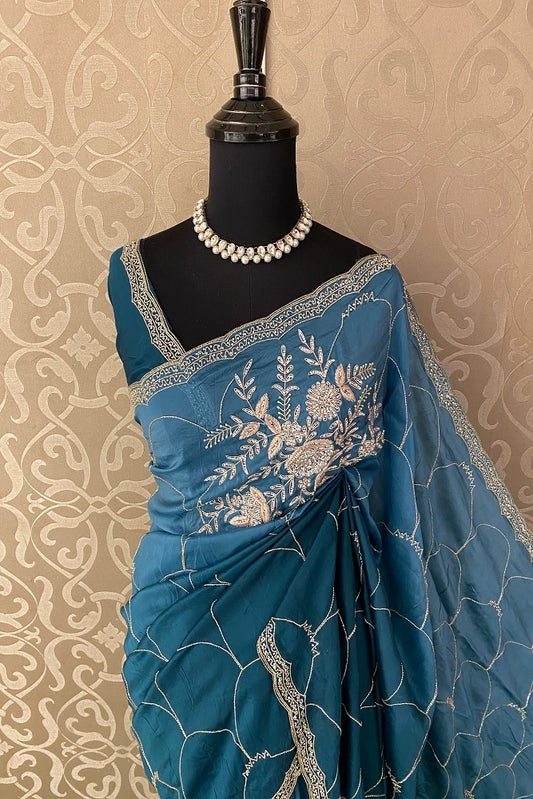 Teal Blue Organza Silk Embroidery Party Wear Saree With Blouse Piece