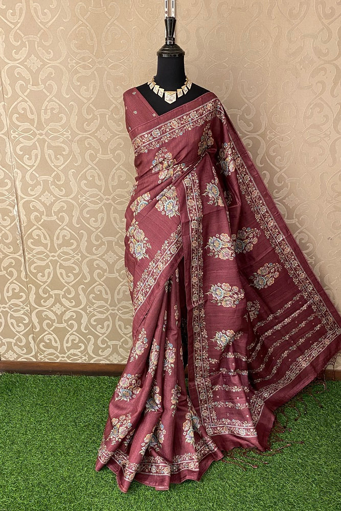 Maroon Tussar Silk Saree Pita Zari Embroidery Work, With Blouse Piece