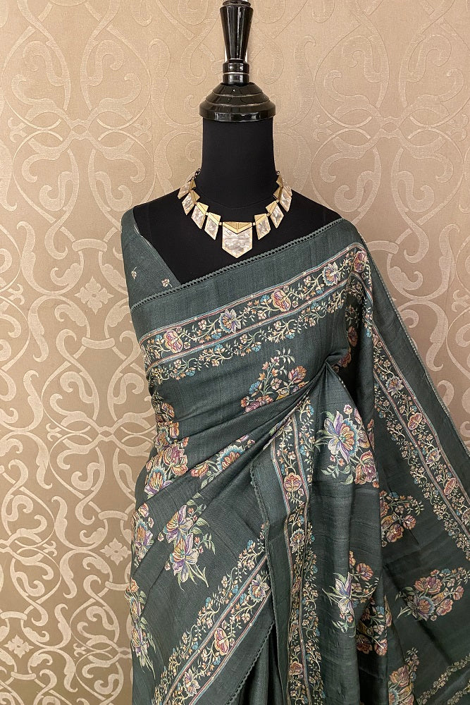 Green Tussar Silk Saree Pita Zari Embroidery Work, With Blouse Piece