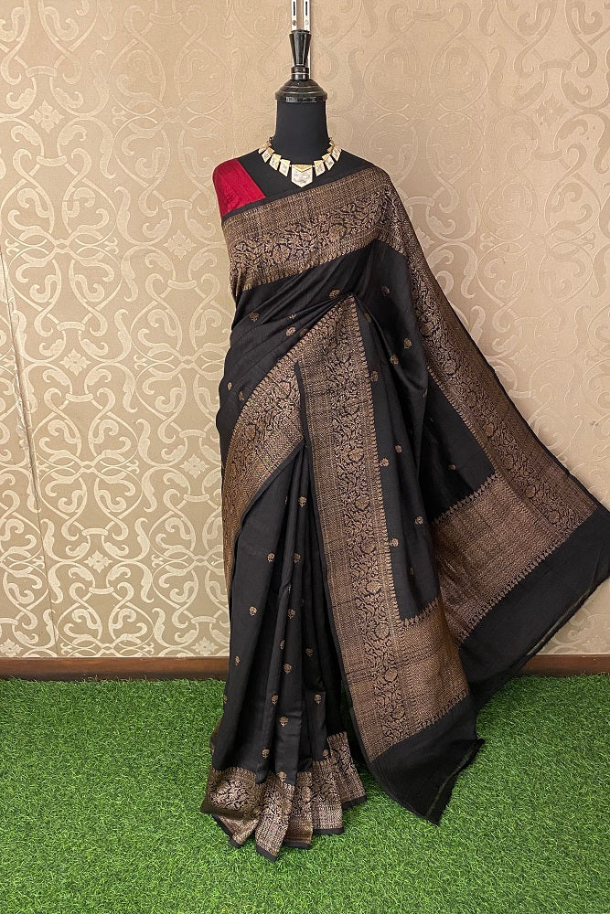 Black Pure Tussar Banarasi Silk With Hand Woven Motifs