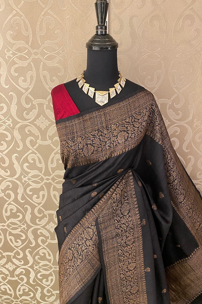 Black Pure Tussar Banarasi Silk With Hand Woven Motifs