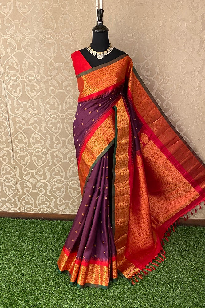 Wine Gadwal Silk Saree With Contrast Blouse