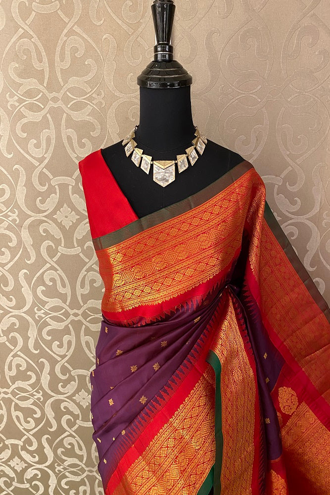 Wine Gadwal Silk Saree With Contrast Blouse