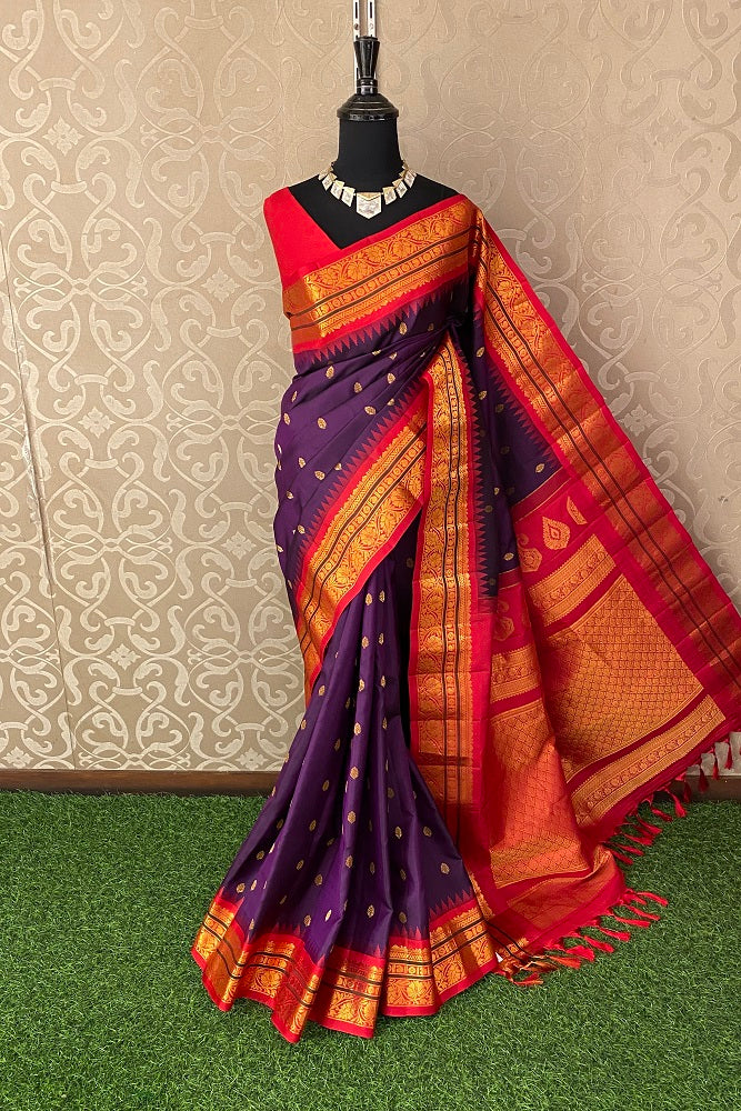 Purple Gadwal Silk Saree With Contrast Blouse