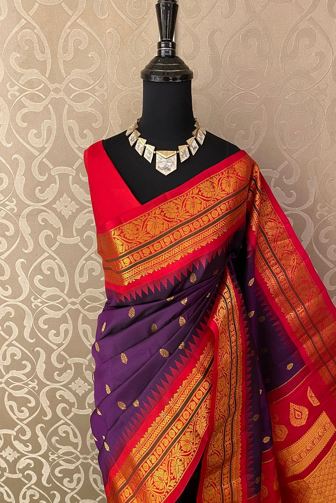 Purple Gadwal Silk Saree With Contrast Blouse