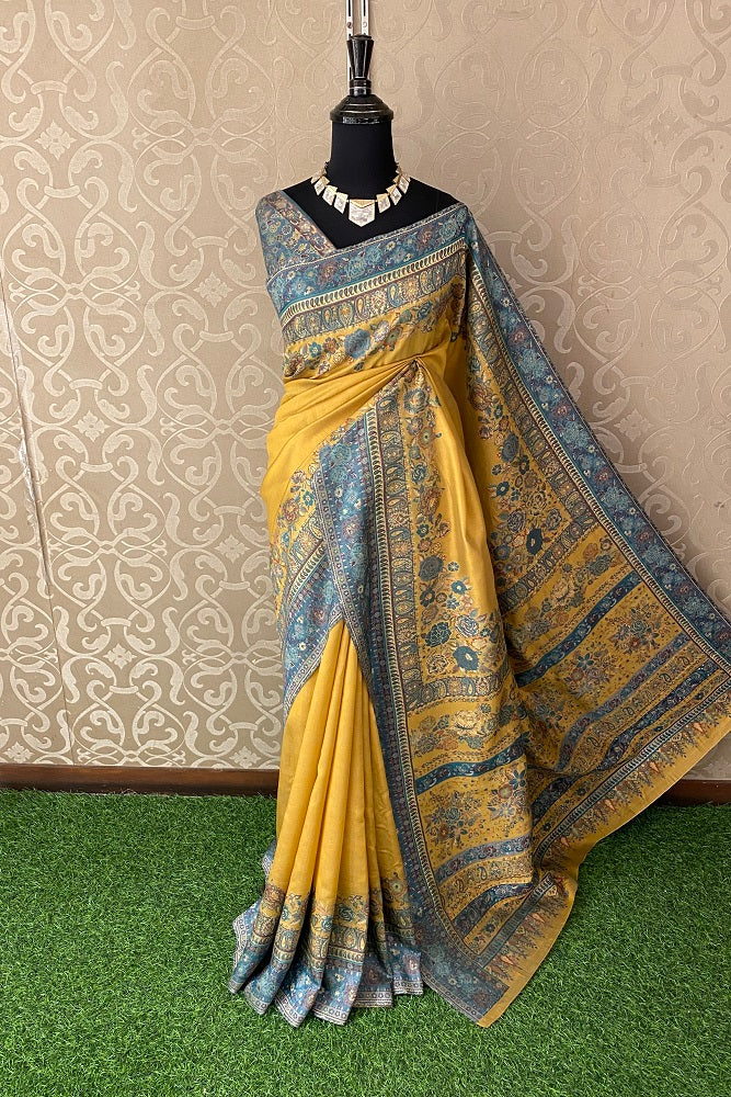Yellow Pure Kani Handloom Silk Saree With Floral Woven Blouse