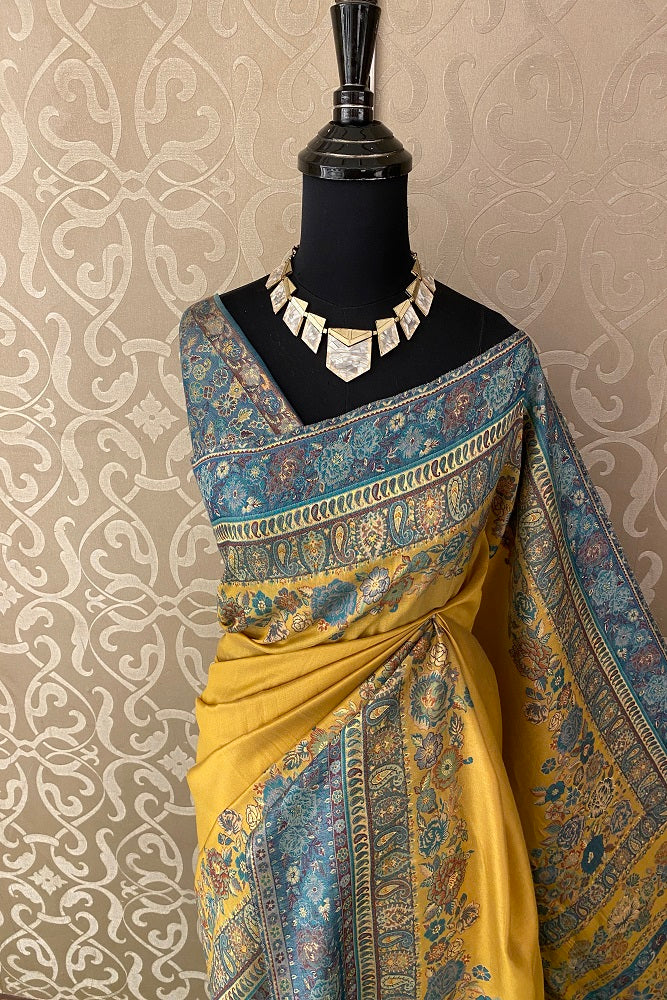 Yellow Pure Kani Handloom Silk Saree With Floral Woven Blouse