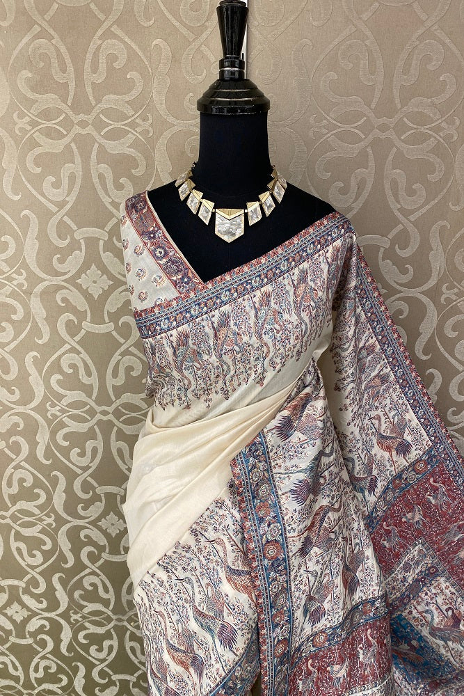 Offwhite Pure Kani Handloom Silk Saree With Floral Woven Blouse