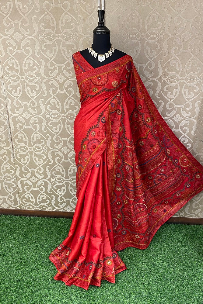 Red Tussar Silk Saree Lambani Work, With Blouse Piece