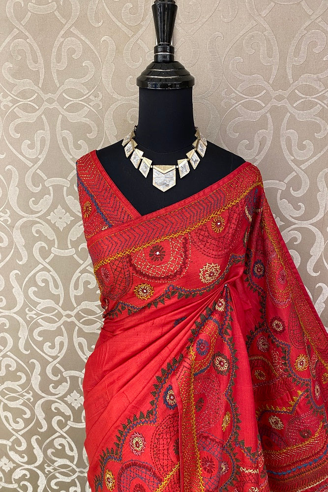 Red Tussar Silk Saree Lambani Work, With Blouse Piece