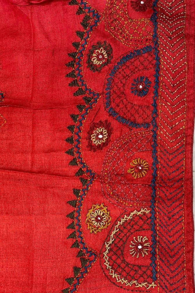 Red Tussar Silk Saree Lambani Work, With Blouse Piece