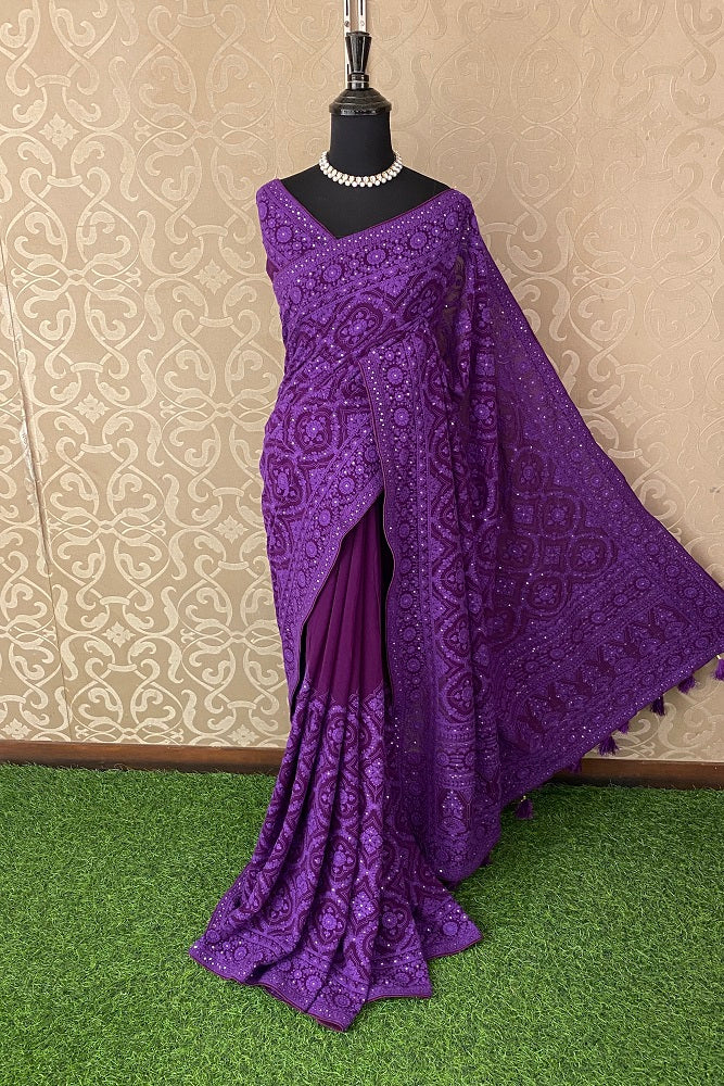 Purple Georgette Saree With Chikankari Embroidery, Unstitched Blouse