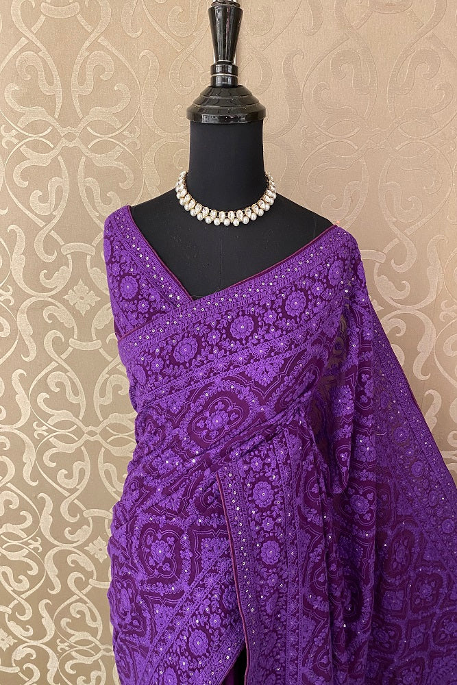 Purple Georgette Saree With Chikankari Embroidery, Unstitched Blouse