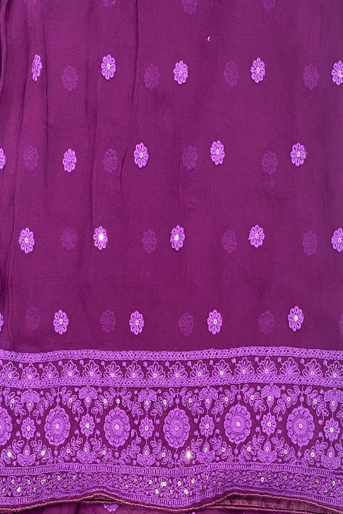 Purple Georgette Saree With Chikankari Embroidery, Unstitched Blouse