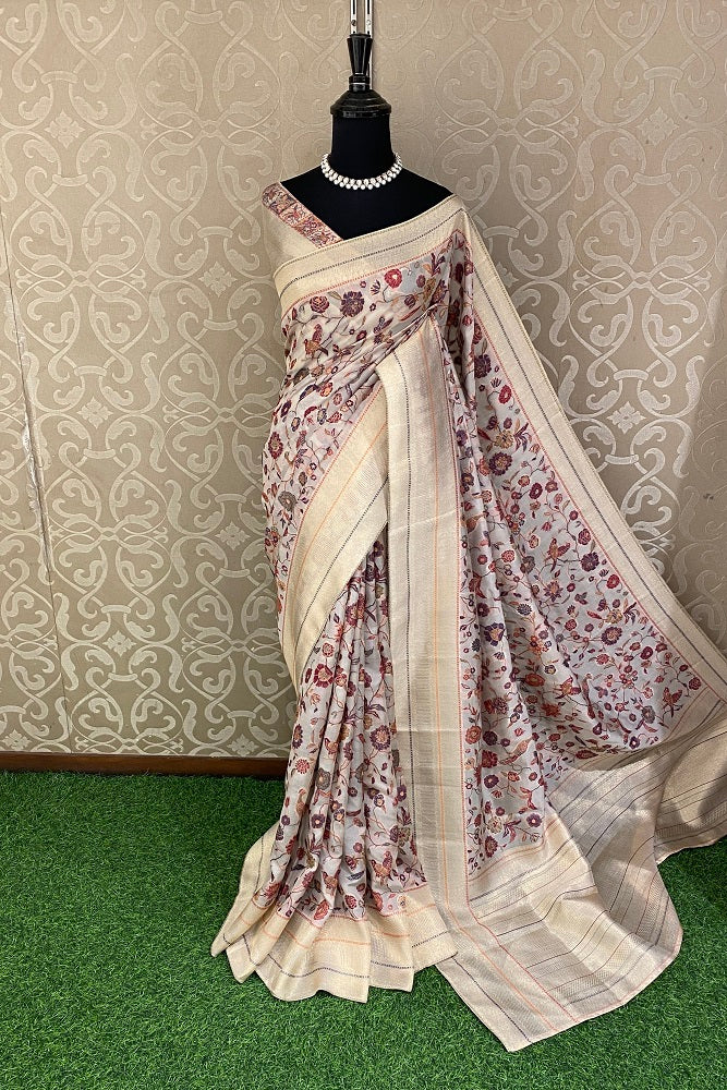 Offwhite Pure Kani Handloom Silk Saree With Floral Woven Blouse
