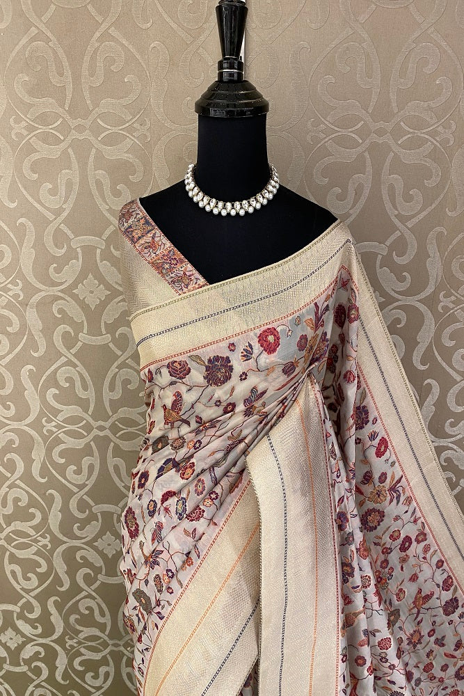 Offwhite Pure Kani Handloom Silk Saree With Floral Woven Blouse