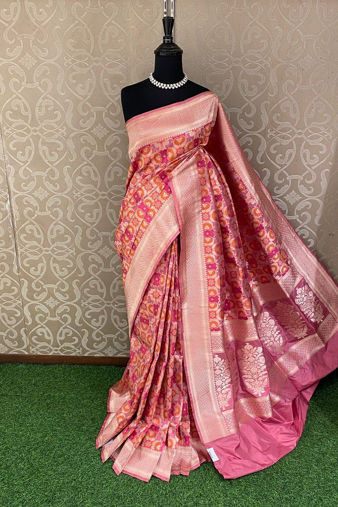 Pink Orange Uppada Silk Saree Weaving Jaal Work And Border With Blouse