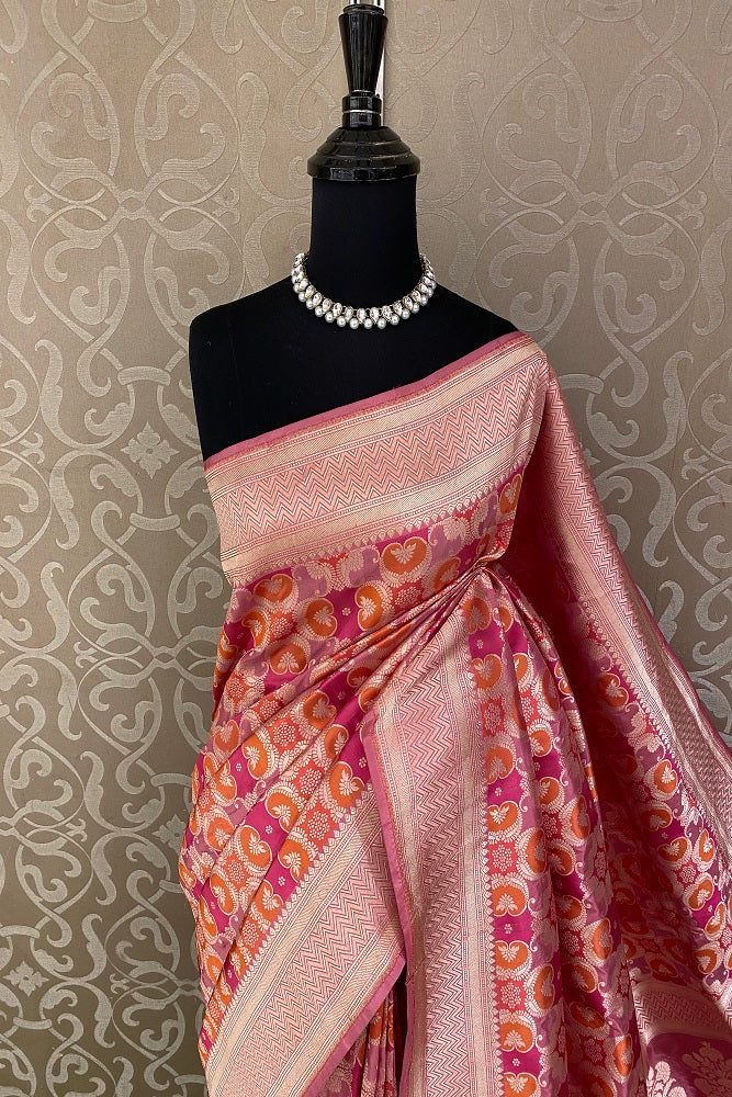 Pink Orange Uppada Silk Saree Weaving Jaal Work And Border With Blouse