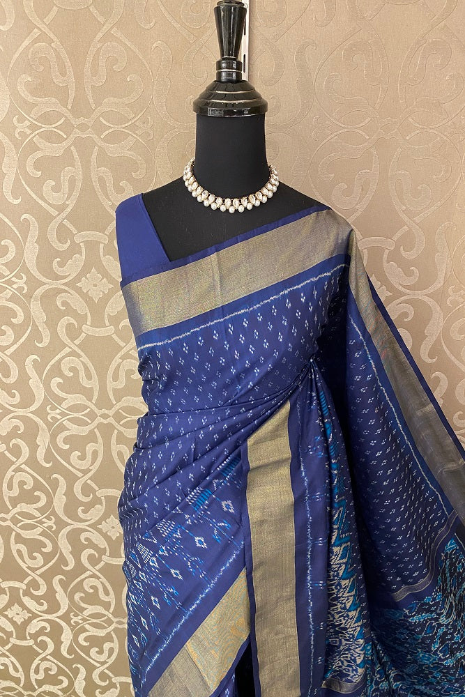 Blue Pochampally Ikat Silk Saree, Multi Colour Weaving With Blouse.