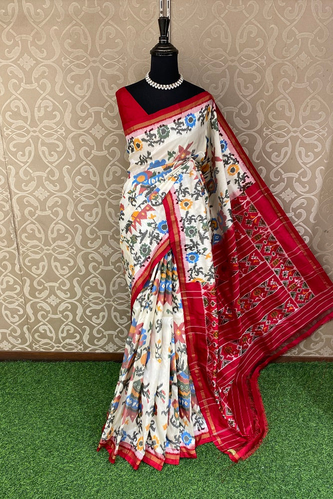 White Red Pochampally Ikat Silk Saree, Multi Colour Weaving With Blouse.