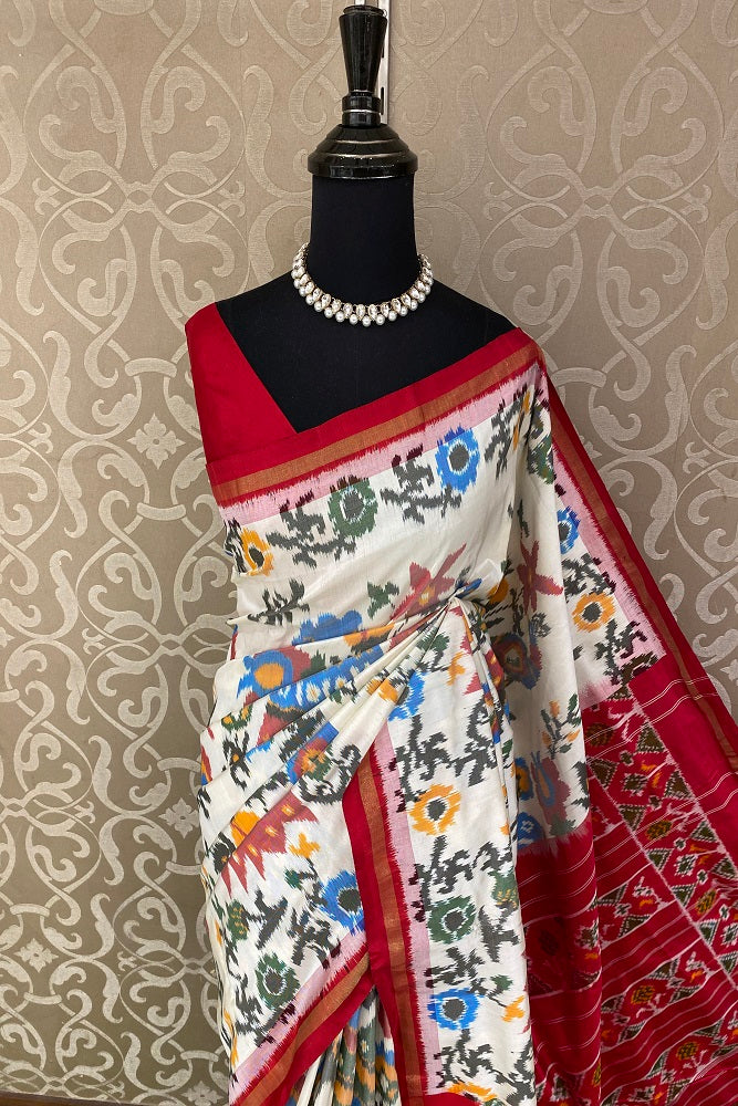 White Red Pochampally Ikat Silk Saree, Multi Colour Weaving With Blouse.