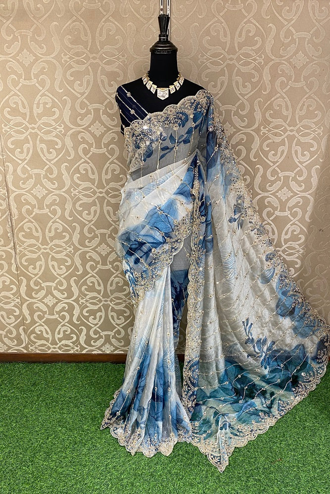 White Blue Organza Silk Embroidery Party Wear Saree, With Blouse Piece