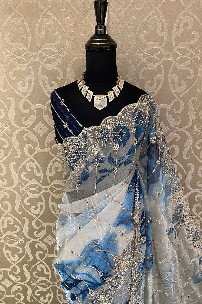 White Blue Organza Silk Embroidery Party Wear Saree, With Blouse Piece