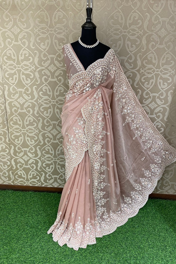 Light Pink Tissue Organza Silk Hand Embroidery Party Wear Saree, With Blouse Piece