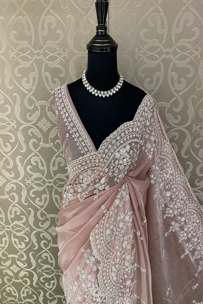 Light Pink Tissue Organza Silk Hand Embroidery Party Wear Saree, With Blouse Piece