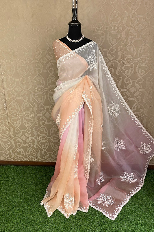 Multi Organza Silk Hand Embroidery Party Wear Saree, With Blouse Piece