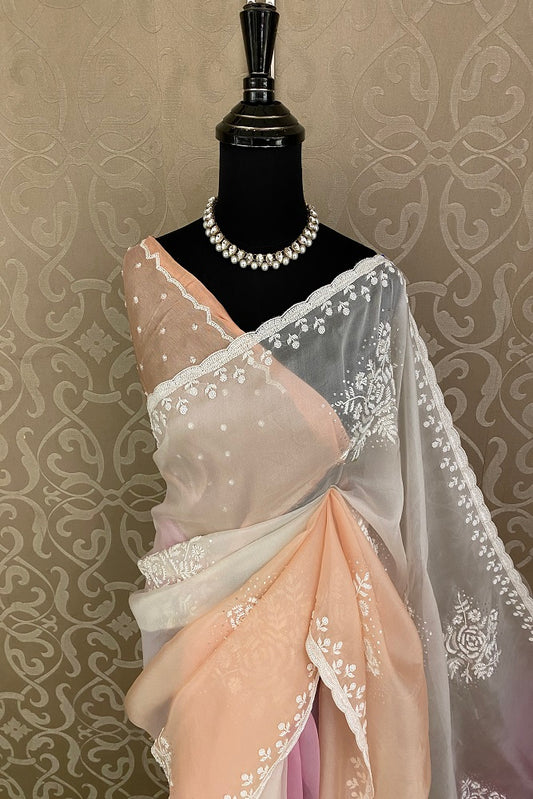 Multi Organza Silk Hand Embroidery Party Wear Saree, With Blouse Piece