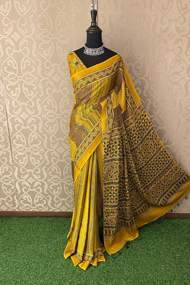 Yellow Pure Modal Silk Ajrakh  Printed  Saree With Blouse
